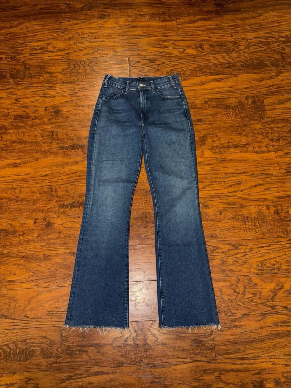Mother The Hustler Flood Fray Jeans Blue Denim High Rise Crop